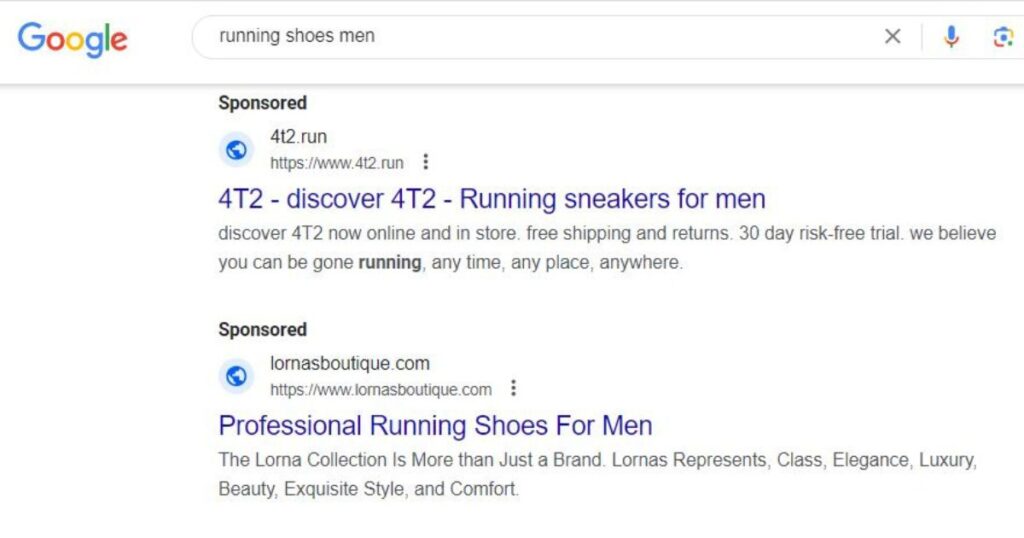 An example of Google search ads for running shoes for men