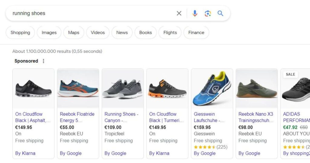 Google Shopping ads (product listing ads) of running shoes