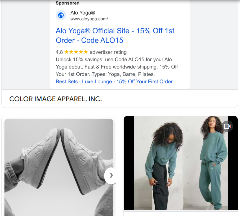 Google Ads Transparency Center - showing results for Alo Yoga