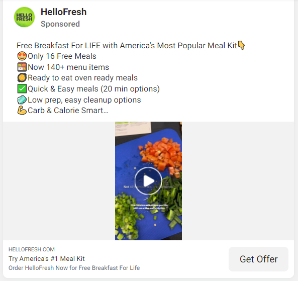 Facebook's Ad Library - showing ads for Hello Fresh