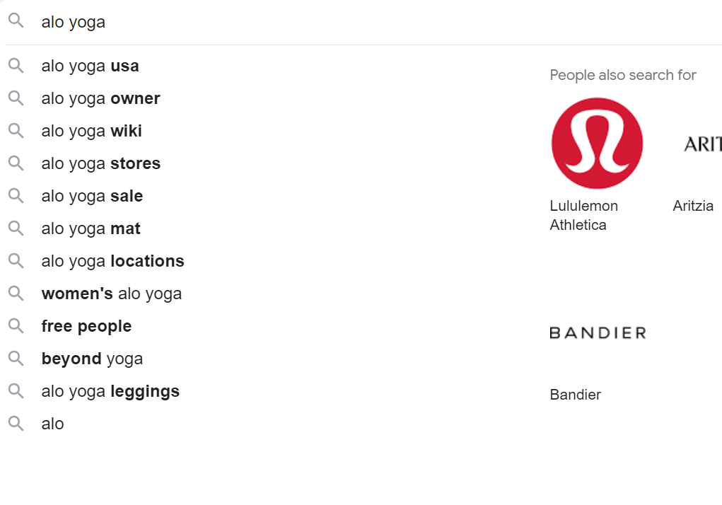 Competitor analysis on Google - typing in Alo Yoga reveals their competitor Lululemon