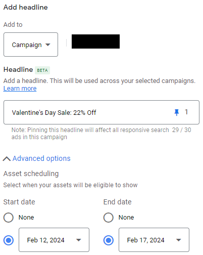 Setting up a headline asset on Google Ads