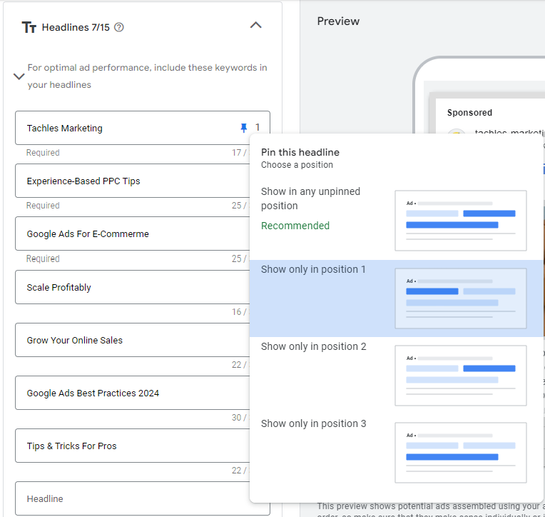 Pinning headlines in responsive search ads