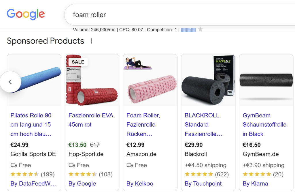 Google shopping results for 'foam roller' Google Shopping results showing similar-looking products competing on price