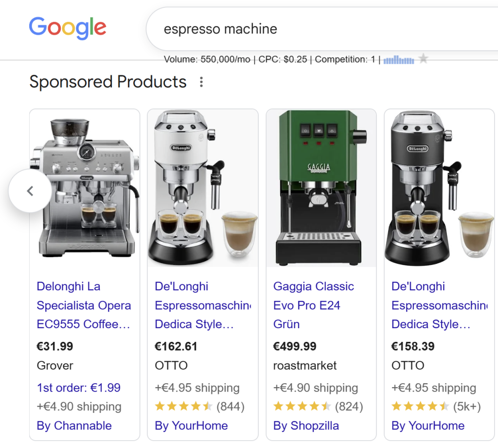 Google shopping results for espresso machine Google shopping results for espresso machine